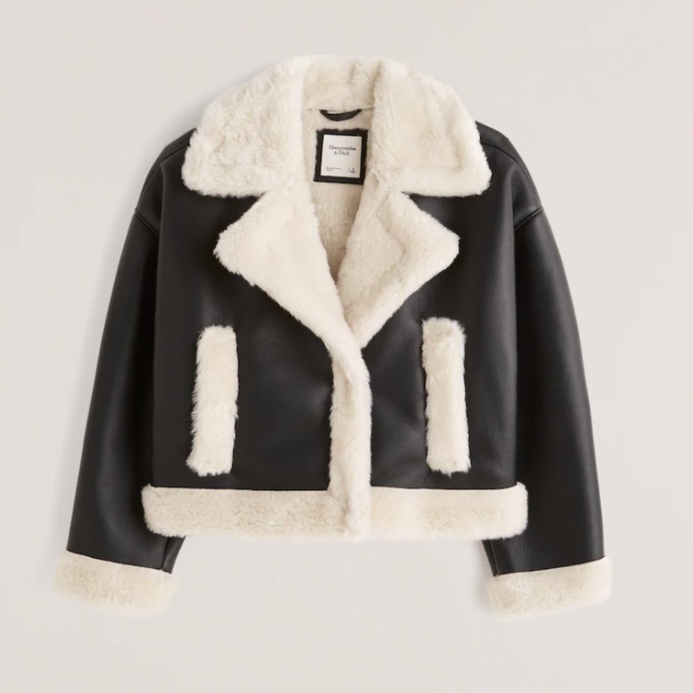 A&F Oversized Short Sherpa-Lined Vegan Leather Coat